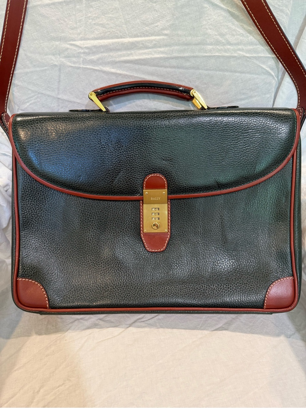 Vintage Bally Green Pebbled Leather Briefcase Gold Lock Brown Trim Italy